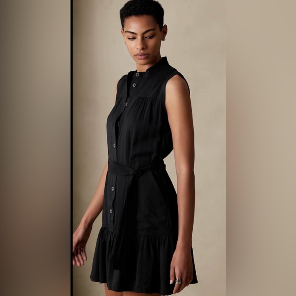 Banana Republic Factory Tencel Black Mini Sleeveless Dress Tie Waist Womens L